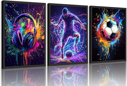 3PCS Boys Neon Splash Soccer Wall Art Colorful Headphone and Soccer wall decor pictures Vibrant Abstract Sports Canvas Posters Prints for Bedroom Game Room Wall Decoration Unframed (12inx16in posters)