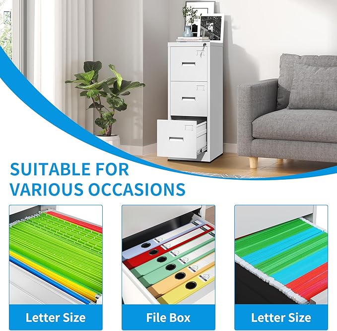 3 Drawer Filing Cabinet with Lock and Card Slot, Vertical Locking File Cabinet for Home Office, Small Metal File Cabinets for Storage Legal Letter File Folders, Assembly Required(White)