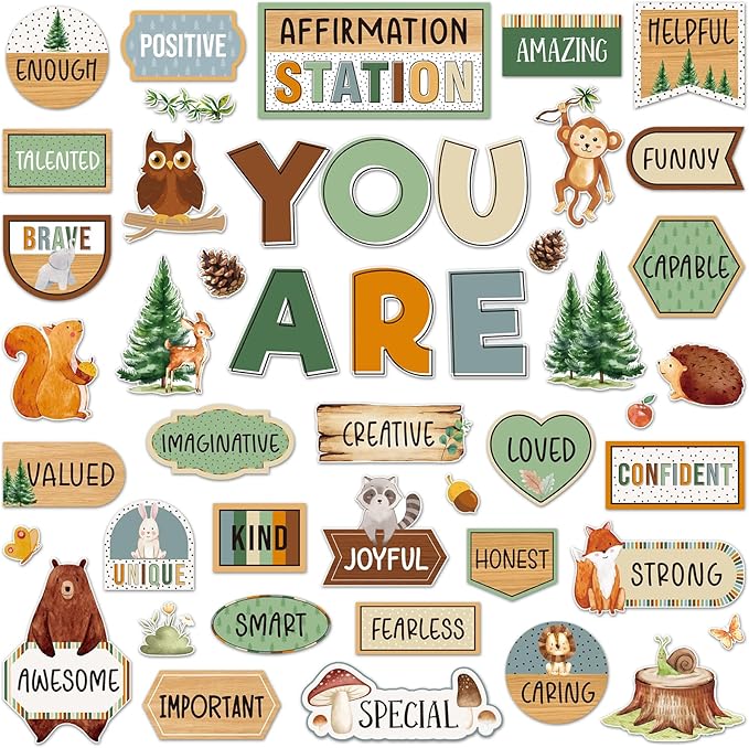 45pcs Woodland Bulletin Board Set Motivational Posters Classroom Mirror Growth Mindset Decor Positive Affirmations Accents Cutouts for School Office Home Teacher Wall