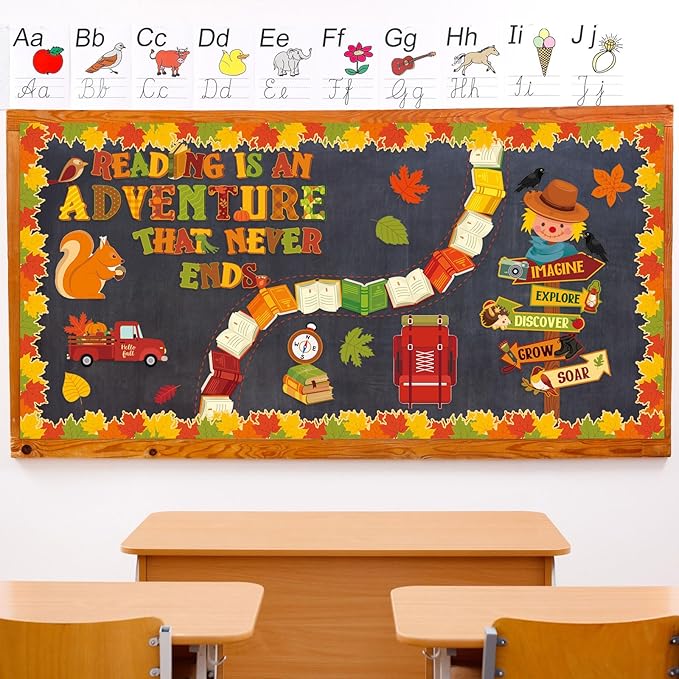 Pasimy 59 Pcs Fall Thanksgiving Reading Bulletin Board Fall Reading is an Adventure Bulletin Board Classroom Decoration Maple Leaves Paper Cutouts for Autumn Thanksgiving Chalkboard Wall Decor(Road)