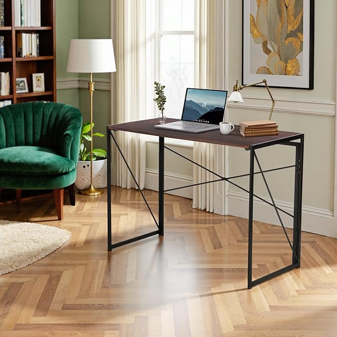 Homy Casa 39.4 Inch Foldable Laptop Desk, Space-Saving Computer Table with No Assembly Required, Sturdy Metal Frame, Minimalist Design for Home Office, Study, or Small Spaces, Walnut