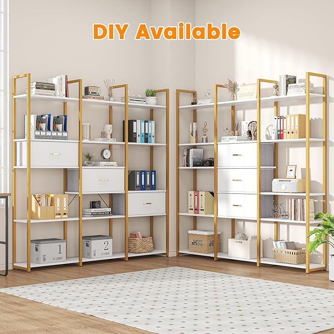 Semoic Triple Wide 6 Tiers Industrial Book Shelf with 3 Drawers and Storage Shelves, 73.6" Tall Bookcase with 16 Open Display Shelves, Large Etagere Bookshelf with Metal Frame for Home & Office, Gold
