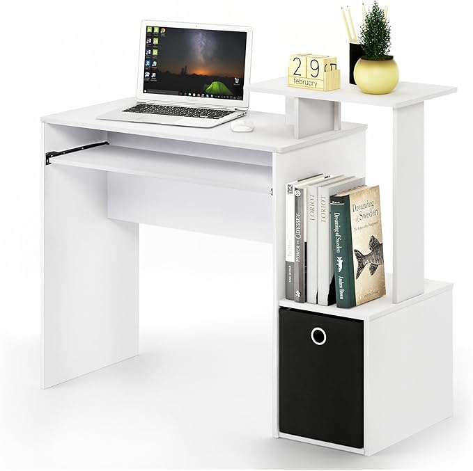 Furinno ECON Desk, 40" Wide Gaming Desk with Keyboard Tray, Computer Desk, Office Desk with Side Shelves and Storage Bin for Home Office, Plain White