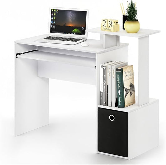 Furinno ECON Desk, 40" Wide Gaming Desk with Keyboard Tray, Computer Desk, Office Desk with Side Shelves and Storage Bin for Home Office, Plain White