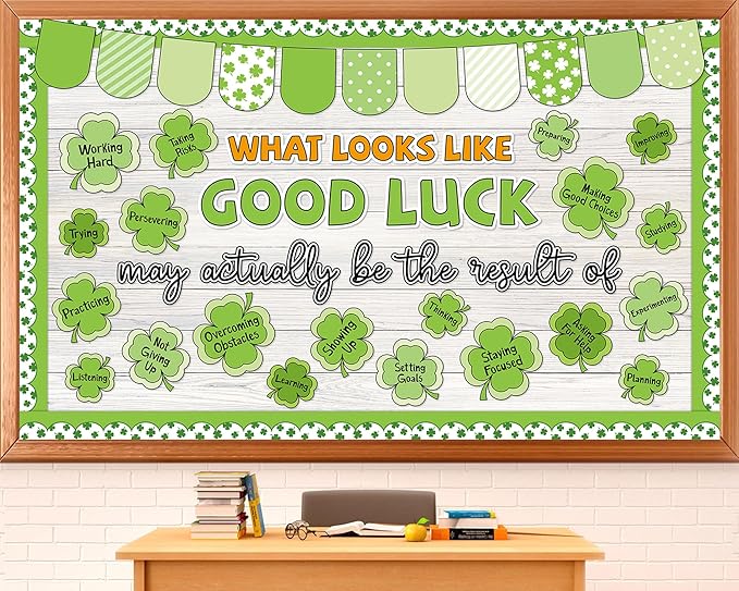 St. Patrick's Day Bulletin Board Decoration Set Lucky Shamrock Motivational Classroom Decoration Green Shamrock Positive Paper Cutouts for Irish Holiday Party School Home Office Chalkboard Wall Decor