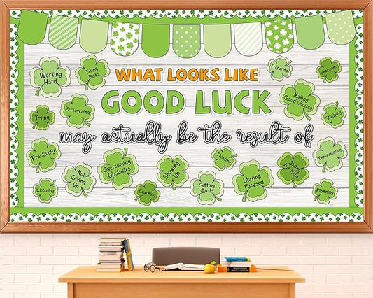 St. Patrick's Day Bulletin Board Decoration Set Lucky Shamrock Motivational Classroom Decoration Green Shamrock Positive Paper Cutouts for Irish Holiday Party School Home Office Chalkboard Wall Decor