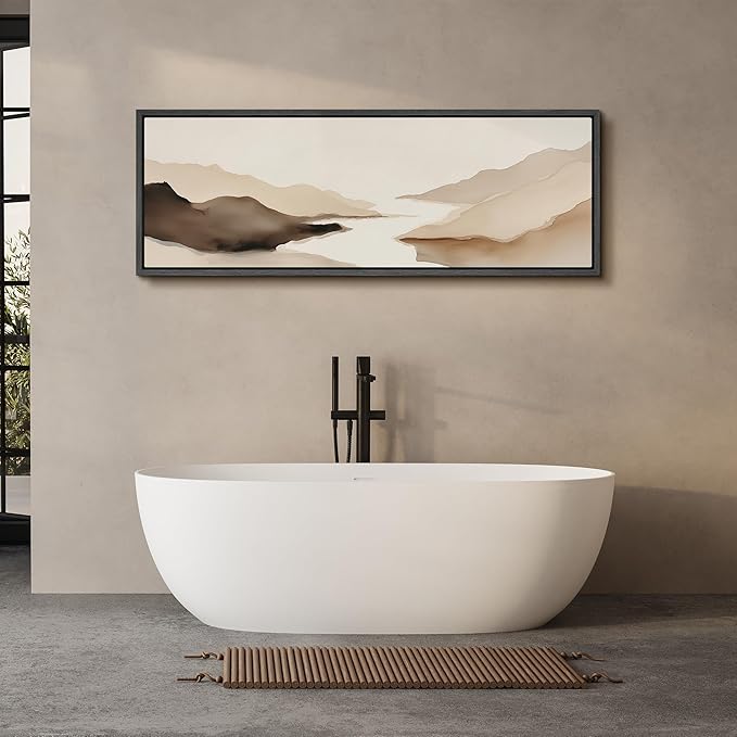 SIGNFORD Large Framed Canvas Print Wall Art Abstract Neutral Mountain Lake Landscape Illustrations Modern Art Calm Warm for Living Room, Bedroom, Office - 60"x20"