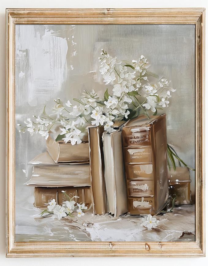 Kizbook Vintage Wall Art Prints, Vintage Books and Flowers Canvas Prints Painting, Antique Floral Wall Decor for Light Academia Cottage Room Decor, Aesthetic Bedroom Art Picture for Living Room Bathroom Gallery Shelf Decoration (8" x 10"-UNFRAMED)