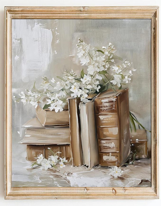 Kizbook Vintage Wall Art Prints, Vintage Books and Flowers Canvas Prints Painting, Antique Floral Wall Decor for Light Academia Cottage Room Decor, Aesthetic Bedroom Art Picture for Living Room Bathroom Gallery Shelf Decoration (8" x 10"-UNFRAMED)