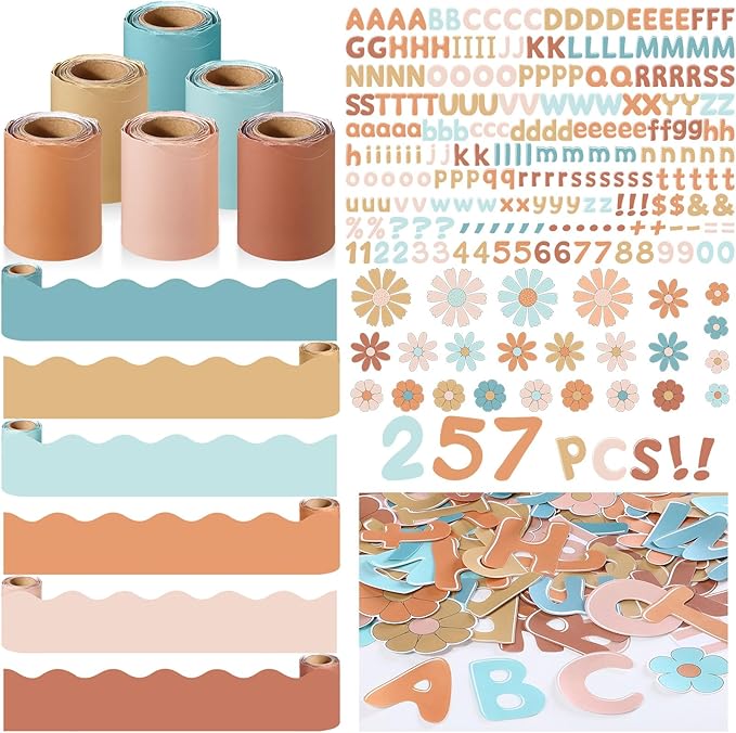 Kosiz Groovy Boho Bulletin Board Decoration Set 118 ft Scalloped Bulletin Board Borders Classroom Poster Border Trim with 257 Pcs Letter Number Symbol Cutout for School Decor