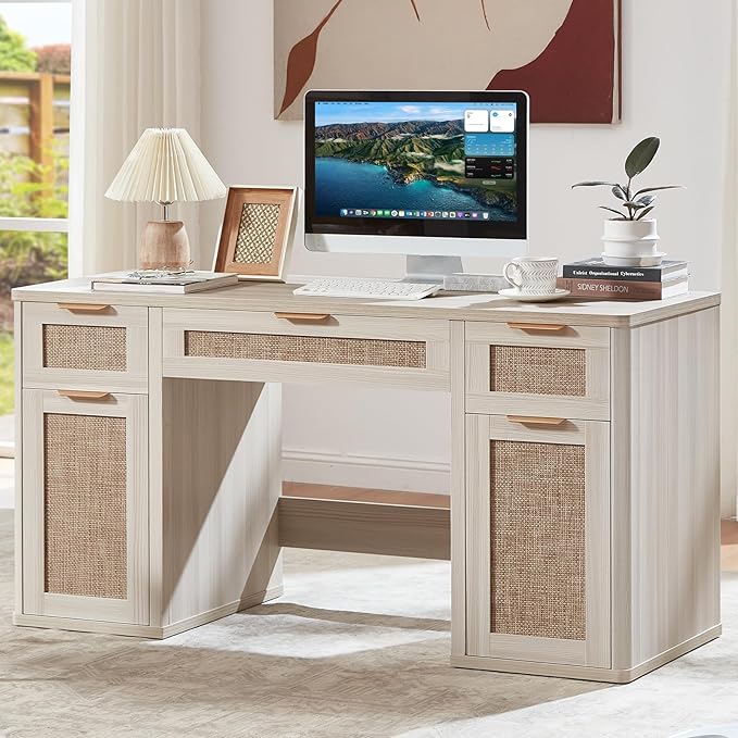 LEYAOYAO Office Desk 56" with 5 Drawers Storage File Cabinet Rattan Wood Desk for Computer Office Bedroom Home Furniture Light Gray