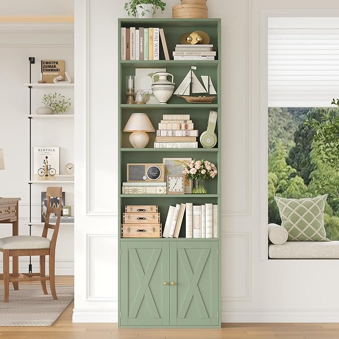 FACBOTALL 82" Tall Bookcase and Book Shelf, 24" Wide Bookshelf with Doors, 7 Tier Bookcase with Storage and Adjustable Shelf, Open and Display Farmhouse Bookshelf for Living Room, Home Office, Green