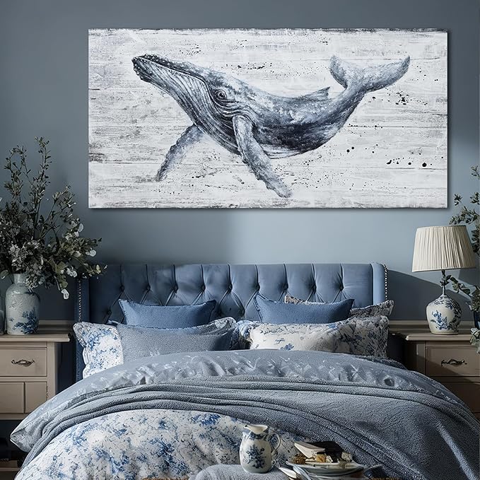 Large Whale Wall Art Monochrome Abstract Sea Life Canvas Posters print Contemporary Coastal Artwork for Living Room Office Bedroom Decor 29x58inch