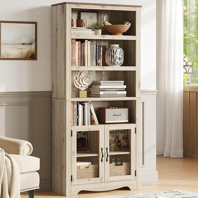 LINSY Bookshelf with Doors, 6 Shelf Bookcase Tall Bookshelves, 73" Farmhouse Book Shelf with Storage Cabinet, Wood Book Shelves for Living Room, Bedroom, Office, Rustic White