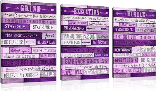 Purple Pictures Wall-Decor - Inspirational Canvas Wall Art For Office - Motivational Gifts For Women Ready To Hang Size 12" x 16" x 3 Pieces