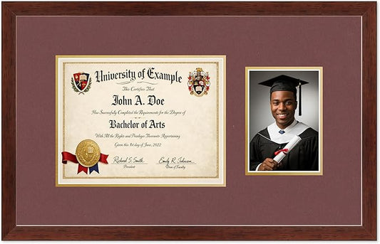 CountryArtHouse Fits 11 x 8.5 US Letter Certificate and 5 x 7 Photo Diploma and Photo Frame Rustic Walnut Genuine Hardwood with Dark Red Over Metallic Gold Double mat