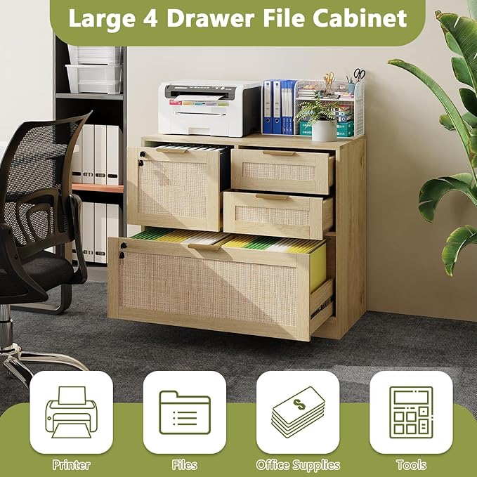 HOPUBUY Lockable 4 Drawers File Cabinet Set of 2, Lateral Filing Cabinet with Printer Stand for Home Office and School, Rattan File Cabinet for Hanging Files/Letter/Legal/A4/F4 Size, Natural Wood