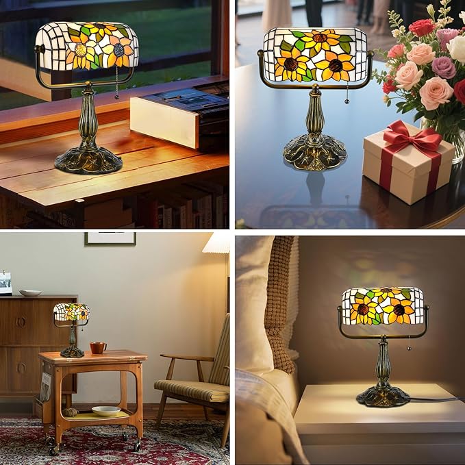 Tiffany Bankers Desk Lamp with Adjustable Shade, Sunflower Stained Glass Piano Light with LED Bulb, Handmade Vintage Tiffany Style Lamp for Office, Bedroom, or Home Décor.