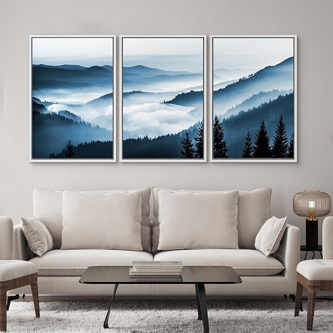 SIGNWIN Framed Canvas Print Wall Art Set Misty Blue Duotone Mountain Range Forest Nature Wilderness Photography Modern Decorative Colorful Rustic for Living Room, Bedroom, Office - 24"x36"x3 White