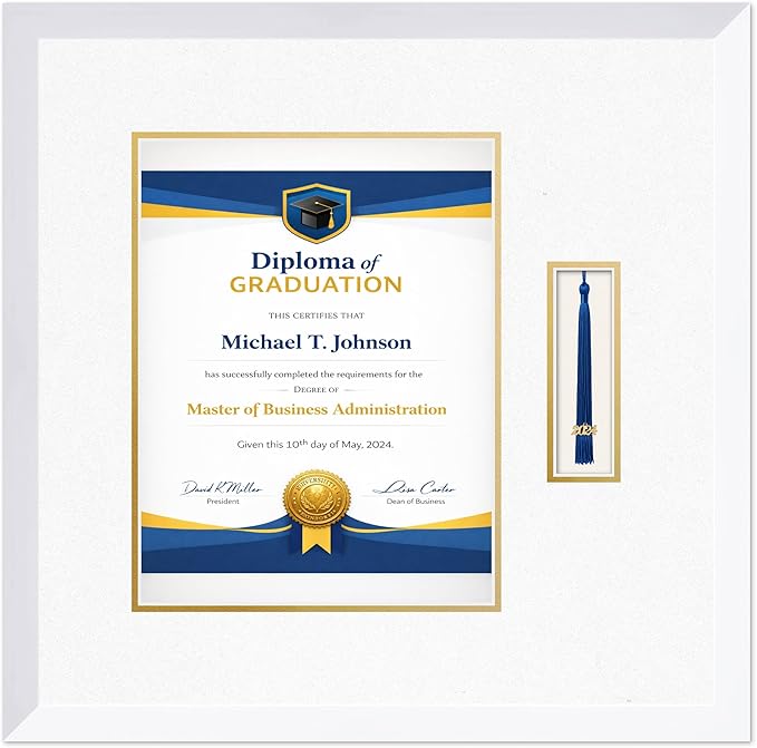 Diploma Frame with Tassel Holder Bright White Shadowbox Oyster Shell Over Gold Mat - Fits 10 x 13 Degree Made in the USA