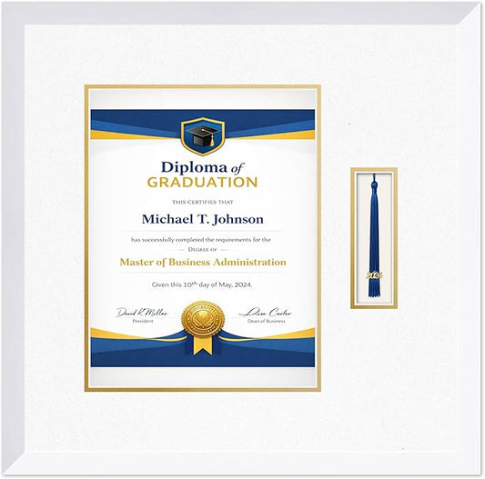 Diploma Frame with Tassel Holder Bright White Shadowbox Oyster Shell Over Gold Mat - Fits 10 x 13 Degree Made in the USA