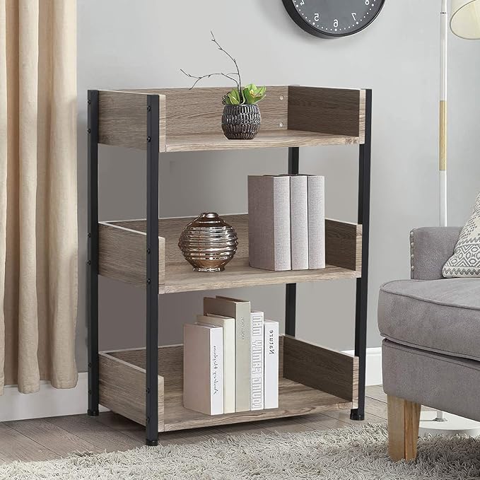 VECELO Bookshelf,Small Bookcase,3-Tier Storage Organizer,Industrial Shelving Unit for Living Room,Classroom,Office,Dormitory,Set of 2,Brown