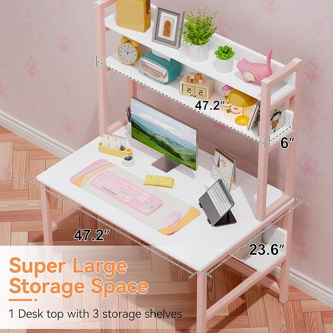 Aquzee Pink Desk Hutch, 47in Woman Computer Desk with Bookshelf & Storage Shelves, Space Saving Girls Writing Study Craft Table for Bedroom Kids Room, White Wood & Pink Iron Home Office Desks