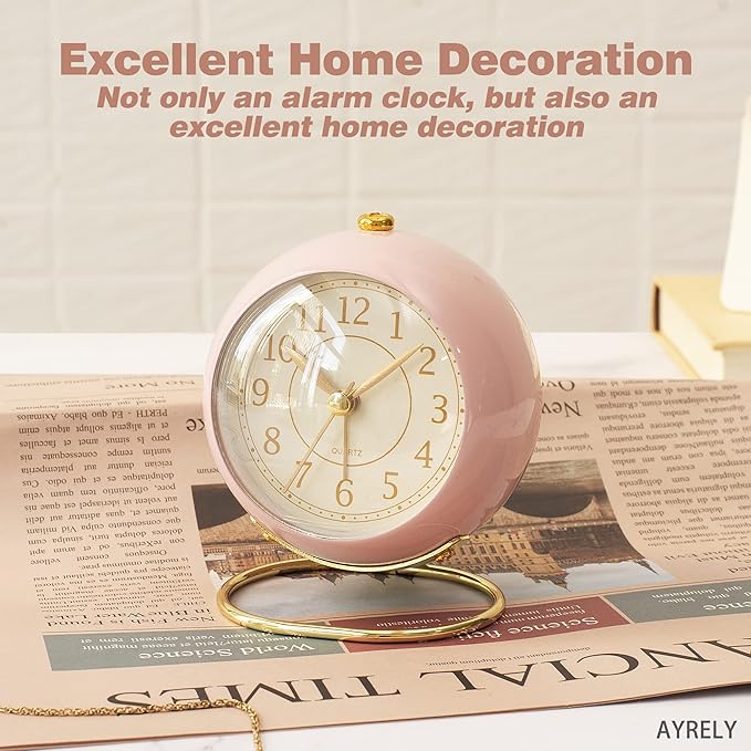 AYRELY® Battery Operated Desk Alarm Clock with Light,Silent No Ticking,Small Table Clock for Bedside/Bedroom/Living Room/Office/Travel/Kids/Room Decor Aesthetic Vintage(Pink)
