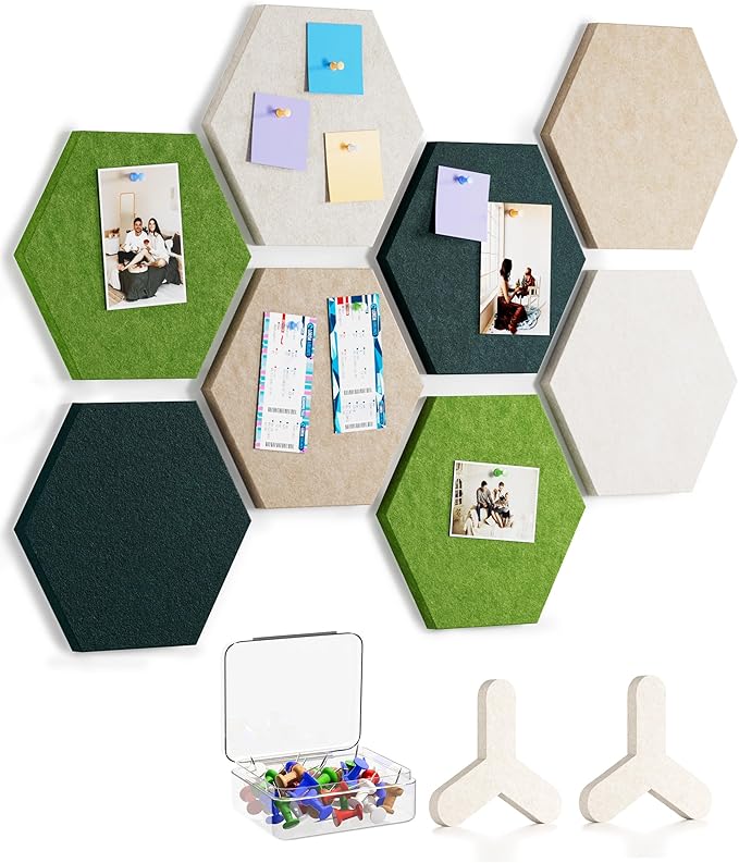 MaxGear 8Pcs Large Hexagon Felt Cork Board Tiles, Green Self-Adhesive DIY Bulletin Board Pin Board for Office School Home Wall Decor Stickers Photos Display Memos