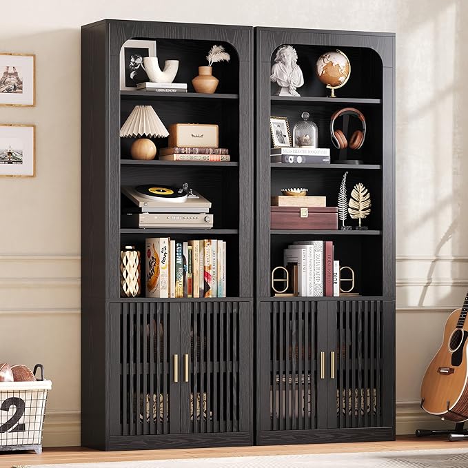 IRONCK Mid-Century Book Shelf, 6-Tier Floor Standing Bookcase with Grille Doors, Tall Storage Shelves for Display & Organizing, Suitable for Home Office, Living Room(Black)