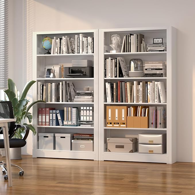 Bookshelf,5-Tier Bookcase with Adjustable Shelves,69” Tall Wide-Column Bookcase for Home Office, Living Room, Bedroom,White Metal Large Load-Bearing Bookshelf,H69*W36*D11.8 Inch (White)