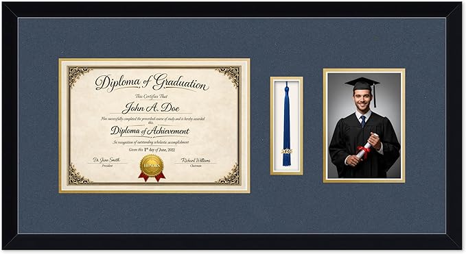 Diploma Tassel and Photo Frame Matte Black Shadowbox Navy Blue Over Gold Mat - Fits 11.69 x 8.27 Degree Picture Made in the USA