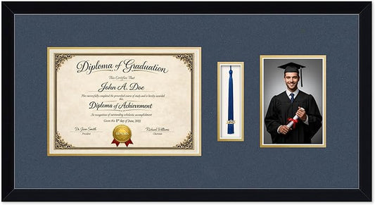 Diploma Tassel and Photo Frame Matte Black Shadowbox Navy Blue Over Gold Mat - Fits 11.69 x 8.27 Degree Picture Made in the USA