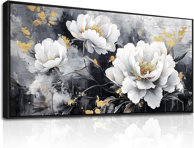 PHAOHUAXM Large Framed Canvas Wall Decor For Living Room Wall Art For Bedroom Modern Abstract Painting Ink-Wash White Flowers With Black Frames Dining Room Home Decor Print Artwork Posters 30"X60"