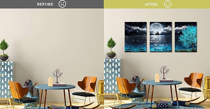 Moon Wall-Art For Bedroom - Teal Wall Art For Living Room - Ocean Tree Home Wall Decor 3 Pieces Framed Canvas Art 16x24 Inches