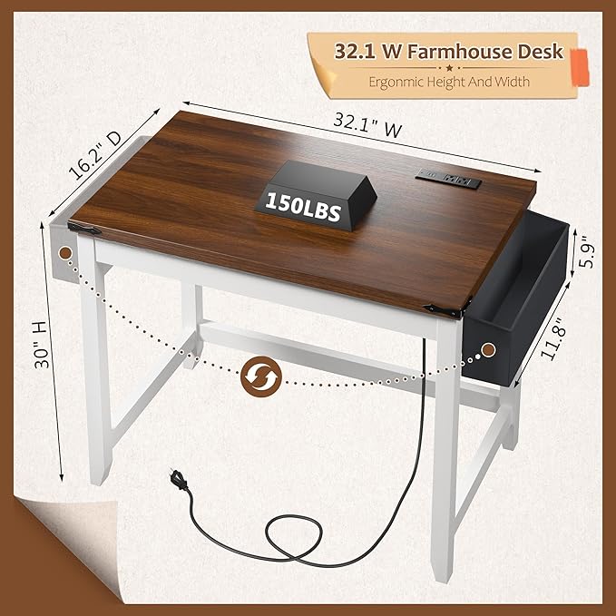 EnHomee 32 Inch Small Desk with Storage Bag Detachable, Gaming Desk with Power Outlet, Modern Simple Home Office Desk and Writing Desk for Small Spaces, Study Desk for Bedroom, Brown & White