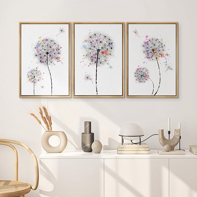 SIGNWIN Framed Canvas Print Wall Art Dandelions & Watercolor Dots Floral Wilderness Drawings Modern Art Rustic Multicolor Ultra for Living Room, Bedroom, Office - 24"x36"x3 Natural