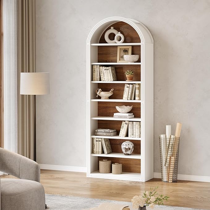 LITTLE TREE 8-Tier Bookcase, 78.7" Tall Bookshelf with Arched Top, Large Freestanding Wooden Open Bookcase Bookshelf, Modern Book Shelf Organizer for Living Room, Bedroom, Office, Library, White Brown