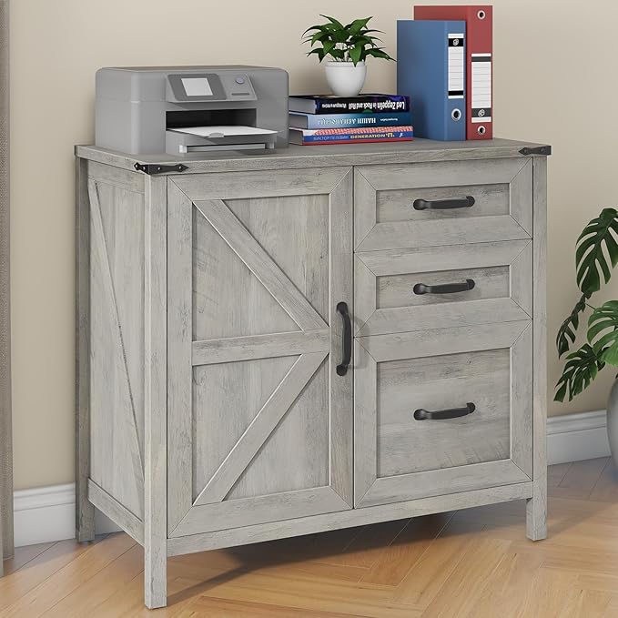 Lateral File Cabinet with 3 Drawers, Farmhouse File Cabinet for Letter/A4 Size Hanging Files, Large Wood File Storage Cabinets Printer Stand for Home Office Furniture, Grey
