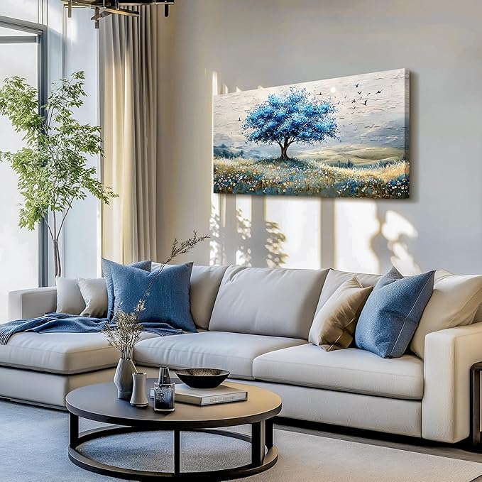 SERIMINO Tree of Life Large Wall Art, Country Landscape Canvas Art Prints, Blue Tree Nature Artwork for Walls, Modern Wall Pictures for Living Room Bedroom Dining Room, Rustic Farmhouse Decor 24"X48"