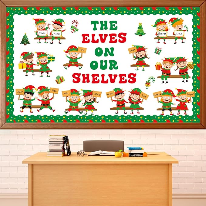 Christmas Elf Bookshelf Bulletin Board Set Elves On Our Shelves Classroom Decorations Xmas Elf Paper Cutouts Red Green Bulletin Board Border for School Wall Xmas Holiday Party Decor Teacher Supplies