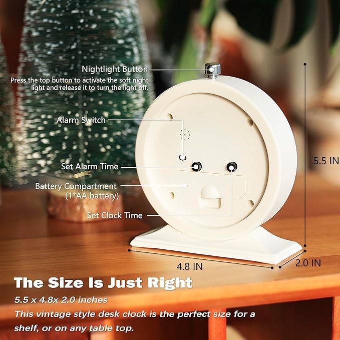 AYRELY® 4-inch Battery Operated Alarm Clock Silent Analog Desk Clocks with Light Vintage Metal Table Clock for Living Room Shelf Bedside Home Decor (White)