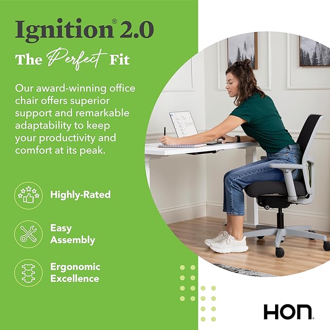 HON Ignition 2.0 Low Back Task Chair, Spectrum Mesh, Advanced Synchro-Tilt Control, Office Chair with Lumbar Support, Height and Width Adjustable Arms, Titanium Frame, Leaf