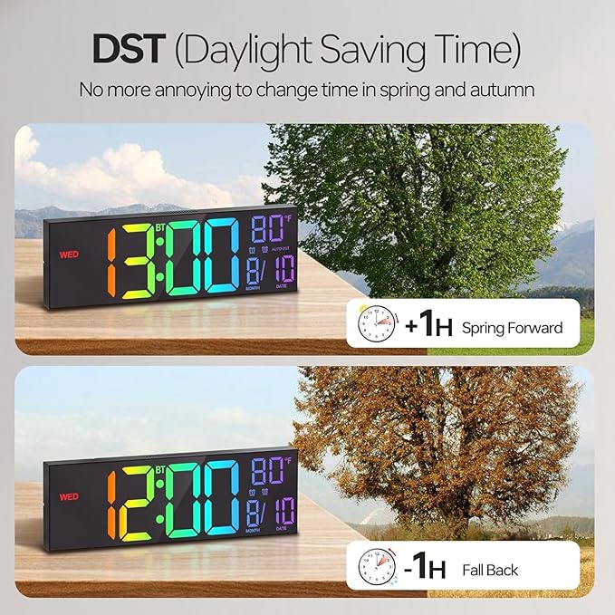 JALL 16.2" Large Digital Wall Clock with Bluetooth Sync, RGB Digital Clock Large Display with Auto DST, Wall Clock for Classroom Bedroom Gym Office, Led Clock for Seniors (Black)