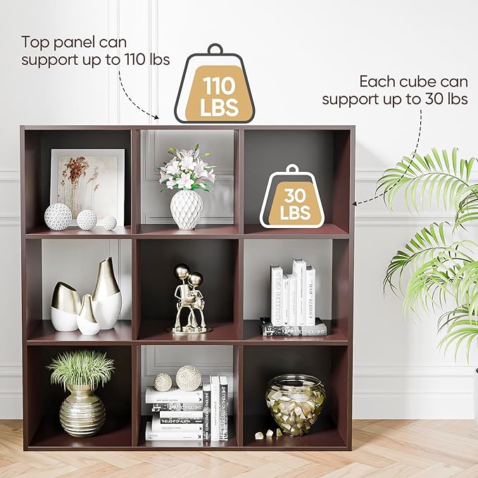 SUPER DEAL 9 Cube Storage Organizer, 3 Tier Bookshelf Open Shelf Display Rack with 5 Removable Back Panels Wood Bookshelf System for Home, Office, Bedroom, Living Room, Dark Brown