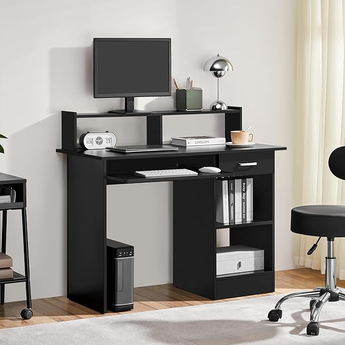 Yaheetech Home Office Wood Computer Desk with Drawers and Pull-Out Keyboard Tray, Study Writing Desk PC Laptop Table with Hutch and Storage Shelves, Modern Workstation, Black