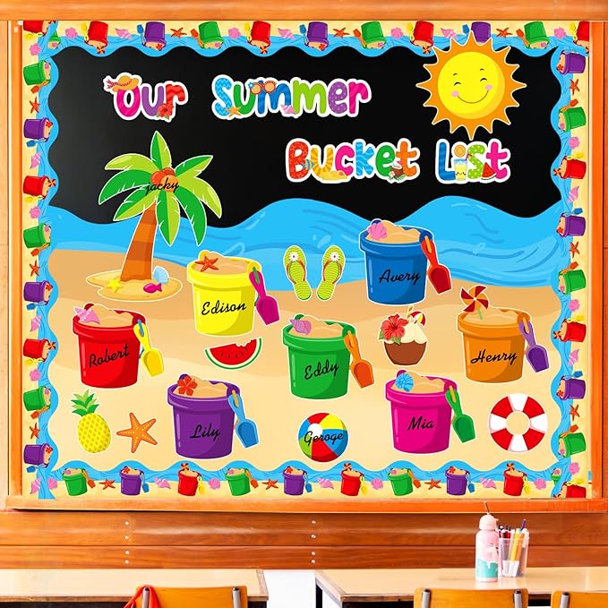 Faccito 57 Pcs Summer Bulletin Board Decorations Set Our Summer Bucket List Classroom Decor Hawaii Sun Beach Bucket Paper Cutouts with Borders for Home School Hawaiian Tropical Party Supplies