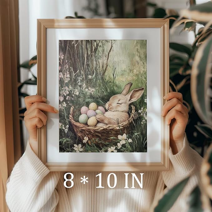 uniro Vintage Easter Rabbit Canvas Wall Art Print, Coloured Eggs and Bunny Painting, Farmhouse Home Decor for Bedroom Room Living Decor(8" x 10"-UNFRAMED)