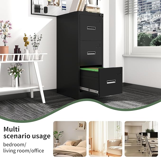 3 Drawer File Cabinet with Lock, Metal Filing Cabinet for Home Office, Vertical File Cabinet for Letter/Legal/A4/F4 Documents, Easy to Assemble Steel Storage Cabinet
