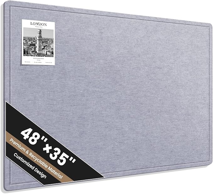 Large Bulletin Board, 48 X 35 Inches Felt Cork Board with 40 Pushpins, Foldable Felt Notice Pin Board Photo Display Board with Self-Adhesive Tape for Office Home School (Light Gray, 48x35 inch)